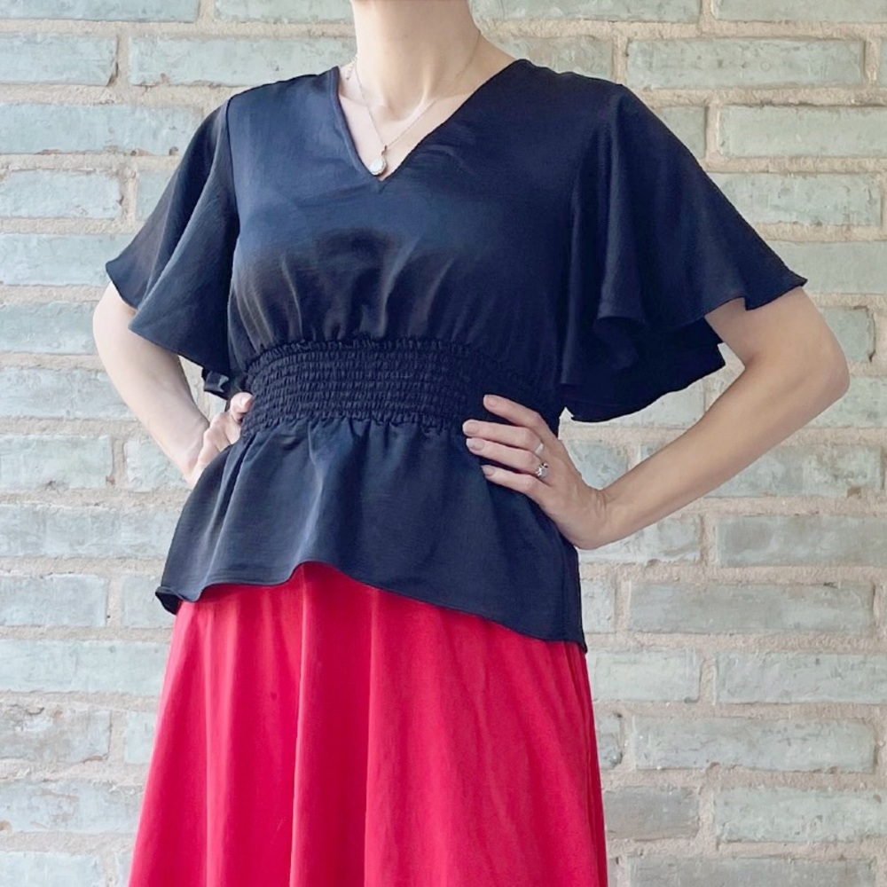 Express Satin Top Black Silky Flutter Smocked Butterfly Blouse Peplum Stretch